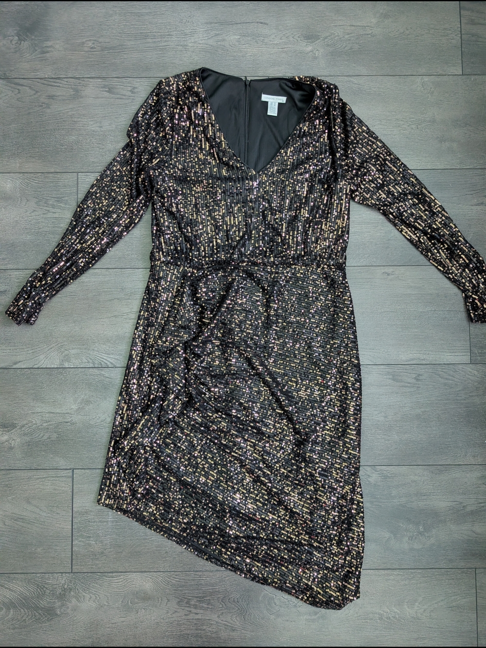 London Times Black Sequin Long Sleeve V-Neck Dress with Gold and Silver Accents